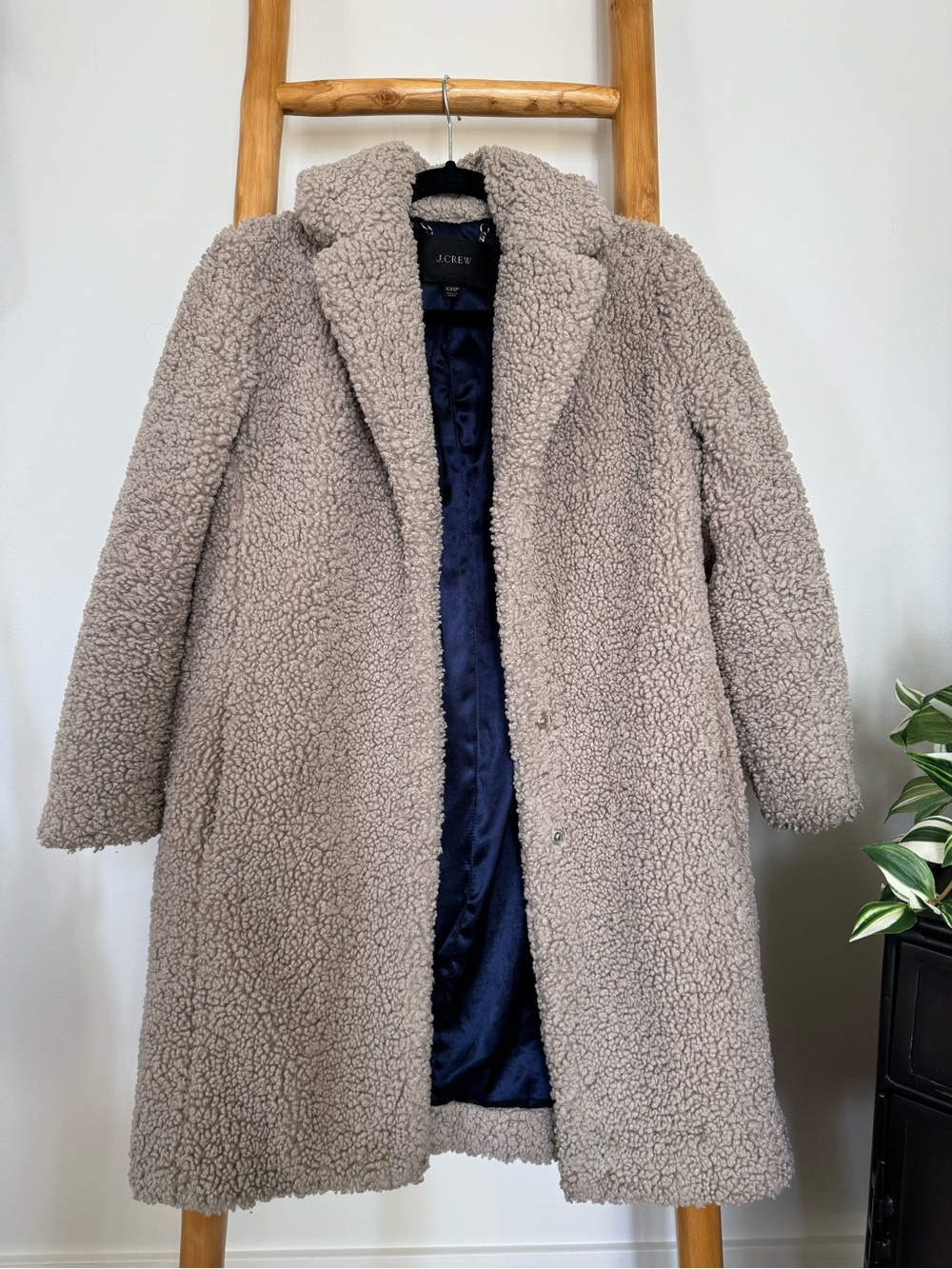 J. Crew petite 00 Taupe Teddy Coat with Navy Lining